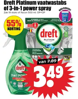 Dirk Dreft Platinum vaatwastabs of 3 in 1 power spray aanbieding