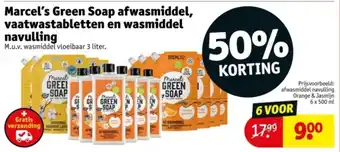 Kruidvat Marcel's Green Soap afwasmiddel, vaatwastabletten en wasmiddel navulling aanbieding