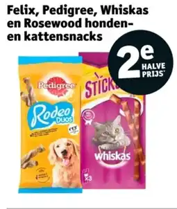 Kruidvat Felix, Pedigree, Whiskas en Rosewood honden en kattensnacks aanbieding