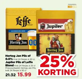 PLUS Hertog Jan Pils of 0.0% , Jupiler Pils of Leffe Blond aanbieding