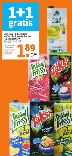 Albert Heijn Alle Taksi, DubbelFrisss en Van de Boom Fruitwater 1.5 literpakken aanbieding