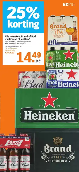 Albert Heijn Alle Heineken, Brand of Bud multipacks of kratten aanbieding