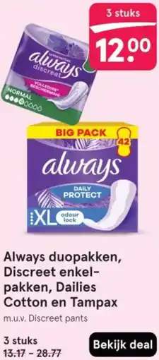 Etos Always duopakken, Discreet enkelpakken, Dailies Cotton en Tampax aanbieding