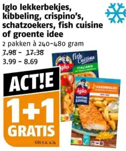 Poiesz Iglo lekkerbekjes, kibbeling, crispino's, schatzoekers, fish cuisine of groente idee aanbieding