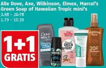 Poiesz Alle Dove, Axe, Wilkinson, Elmex, Marcel's Green Soap of Hawaiian Tropic mini's aanbieding