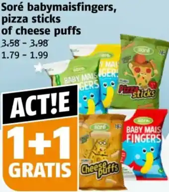 Poiesz Soré babymaisfingers, pizza sticks of cheese puffs aanbieding