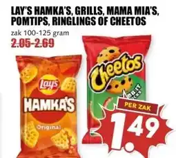 MCD Supermarkt LAY'S HAMKA'S, GRILLS, MAMA MIA'S, POMTIPS, RINGLINGS OF CHEETOS aanbieding