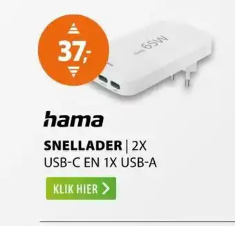 Expert Hama Snellader 2x USB-C 1x USB-A platte mini-oplader PD 65 W Wit aanbieding