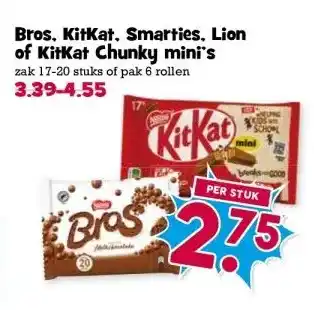 Boon`s Markt Bros, KitKat, Smarties, Lion of KitKat Chunky mini's aanbieding