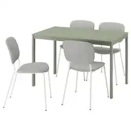 IKEA Moderne groene uitschuifbare eettafel met vier grijze stoffen stoelen aanbieding