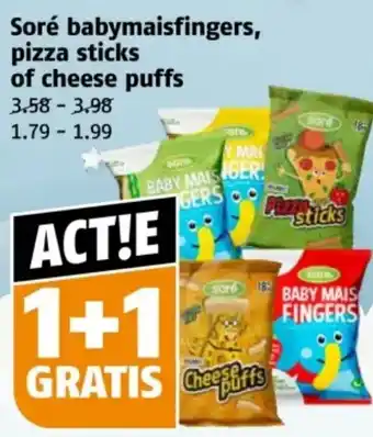 Poiesz Soré babymaisfingers, pizza sticks of cheese puffs aanbieding