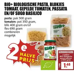 De Boerenschuur Bio+ biologische pasta, blokjes tomaat, gepelde tomaten, passata en/of sugo basilico aanbieding