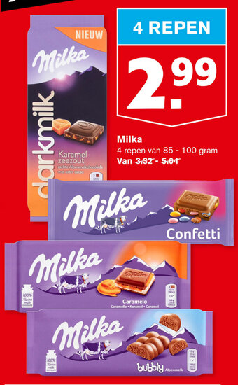 Hoogvliet Milka 85-100g, 4 repen aanbieding