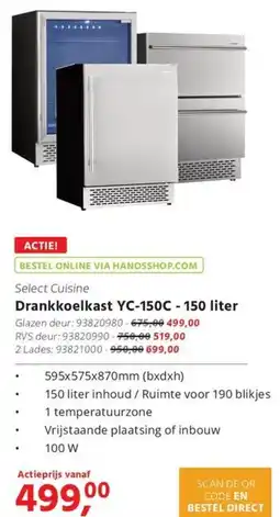 HANOS Drankkoelkast YC-150C - 150 liter aanbieding