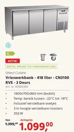HANOS Vrieswerkbank - 418 liter - CN3100 RVS - 3 Deurs aanbieding