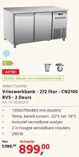HANOS Vrieswerkbank - 272 liter - CN2100 RVS - 2 Deurs aanbieding
