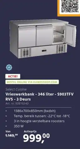 HANOS Vrieswerkbank - 346 liter - S903TFV RVS - 3 Deurs aanbieding