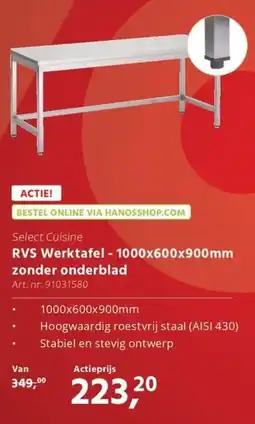 HANOS RVS Werktafel - 1000x600x900mm zonder onderblad aanbieding