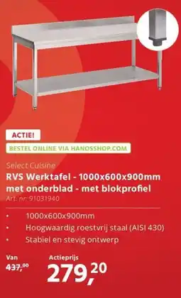 HANOS RVS Werktafel - 1000x600x900mm met onderblad - met blokprofiel aanbieding