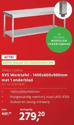 HANOS RVS Werktafel - 1400x600x900mm met 1 onderblad aanbieding