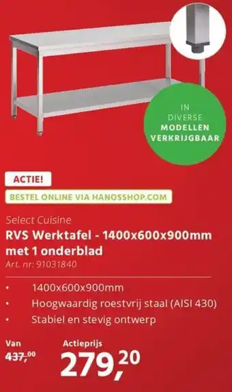HANOS RVS Werktafel - 1400x600x900mm met 1 onderblad aanbieding