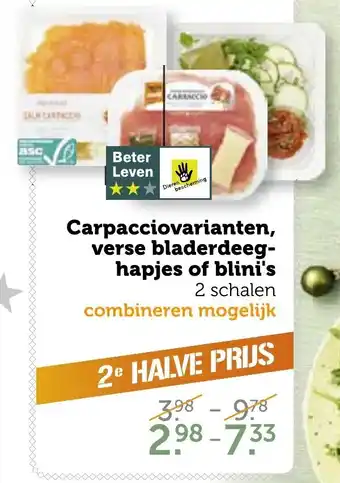 Coop Carpacciovarianten, verse bladerdeeghapjes of blini's aanbieding