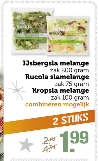 Coop IJsbergsla melange 200g, Rucola slamelange 75g, Kropsla melange 100g - 2st aanbieding