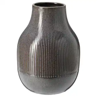 IKEA Zwarte aardewerken vaas met verticale lijnen. Afgeronde body, smallere hals, uniek glazuur aanbieding