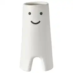 IKEA Witte keramische vaas met lachend gezicht, cilindrische vorm met kleine uitsparingen aan de basis aanbieding