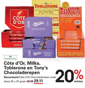 Sligro Côte d'Or, Milka, Toblerone en Tony's Chocoladerepen aanbieding