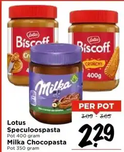Vomar Voordeelmarkt Lotus Speculoospasta of Milka Chocopasta aanbieding