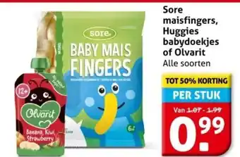 Hoogvliet Sore maisfingers, Huggies babydoekjes of Olvarit aanbieding