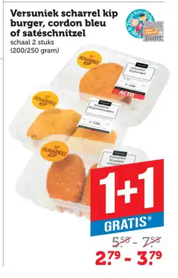 Coop Versuniek scharrel kip burger, cordon bleu of satéschnitzel aanbieding