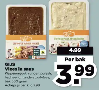 PLUS GIJS Vlees in saus Kippenragout, rundergoulash, hachee- of runderstoofvlees, aanbieding