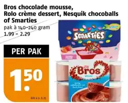 Poiesz Bros chocolade mousse, Rolo crème dessert, Nesquik chocoballs of Smarties aanbieding