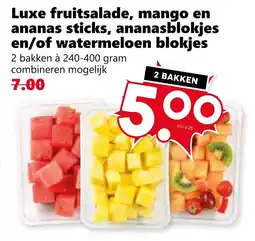 Coop Luxe fruitsalade, mango en ananas sticks, ananasblokjes enof watermeloen blokjes aanbieding