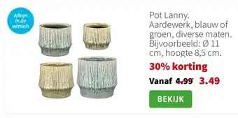 Intratuin Pot Lanny. Aardewerk, blauw of groen, diverse maten. Bijvoorbeeld: Ø 11 cm, hoogte 8,5 cm. aanbieding