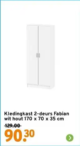 GAMMA Kledingkast 2-deurs Fabian wit hout 170 x 70 x 35 cm aanbieding
