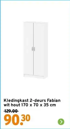 GAMMA Kledingkast 2-deurs Fabian wit hout 170 x 70 x 35 cm aanbieding