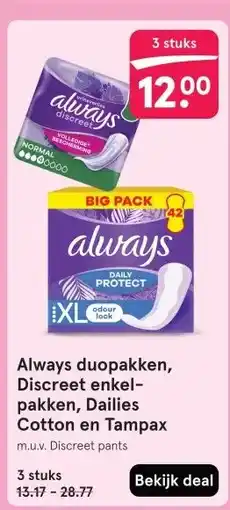 Etos Always duopakken, Discreet enkel- pakken, Dailies Cotton en Tampax aanbieding