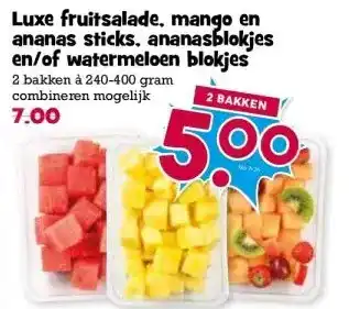 Boon`s Markt Luxe fruitsalade, mango en ananas sticks, ananasblokjes en/of watermeloen blokjes aanbieding