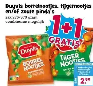 Boon`s Markt Duyvis borrelnootjes. tijgernootjes en/of zoute pinda's aanbieding