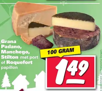 Nettorama Grana Padano, Manchego, Stilton Roquefort 100g aanbieding