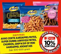 Vomar Voordeelmarkt Aviko zoete aardappelfrites, super dunne airfryer frites, churros, grip'n dip of mini aardappel kroketjes aanbieding