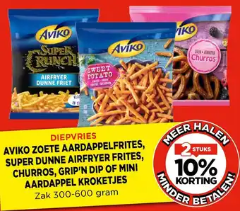 Vomar Voordeelmarkt Aviko zoete aardappelfrites, super dunne airfryer frites, churros, grip'n dip of mini aardappel kroketjes aanbieding