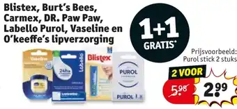Kruidvat Blistex, Burt's Bees, Carmex, DR. Paw Paw, Labello Purol, Vaseline en O'keeffe's lipverzorging aanbieding