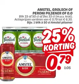 Dekamarkt Amstel, grolsch of peroni pilsener of 0.0 aanbieding