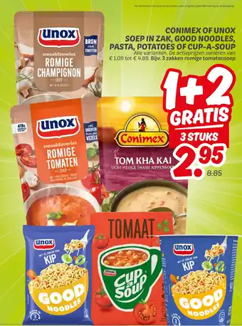 Dekamarkt Conimex of unox soep in zak, good noodles, pasta, potatoes of cup-a-soup aanbieding