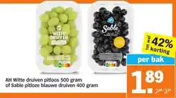 Albert Heijn AH Witte druiven pitloos of Sable pitloze blauwe druiven aanbieding