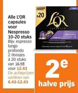Albert Heijn Alle L'OR capsules voor Nespresso 10-20 stuks aanbieding